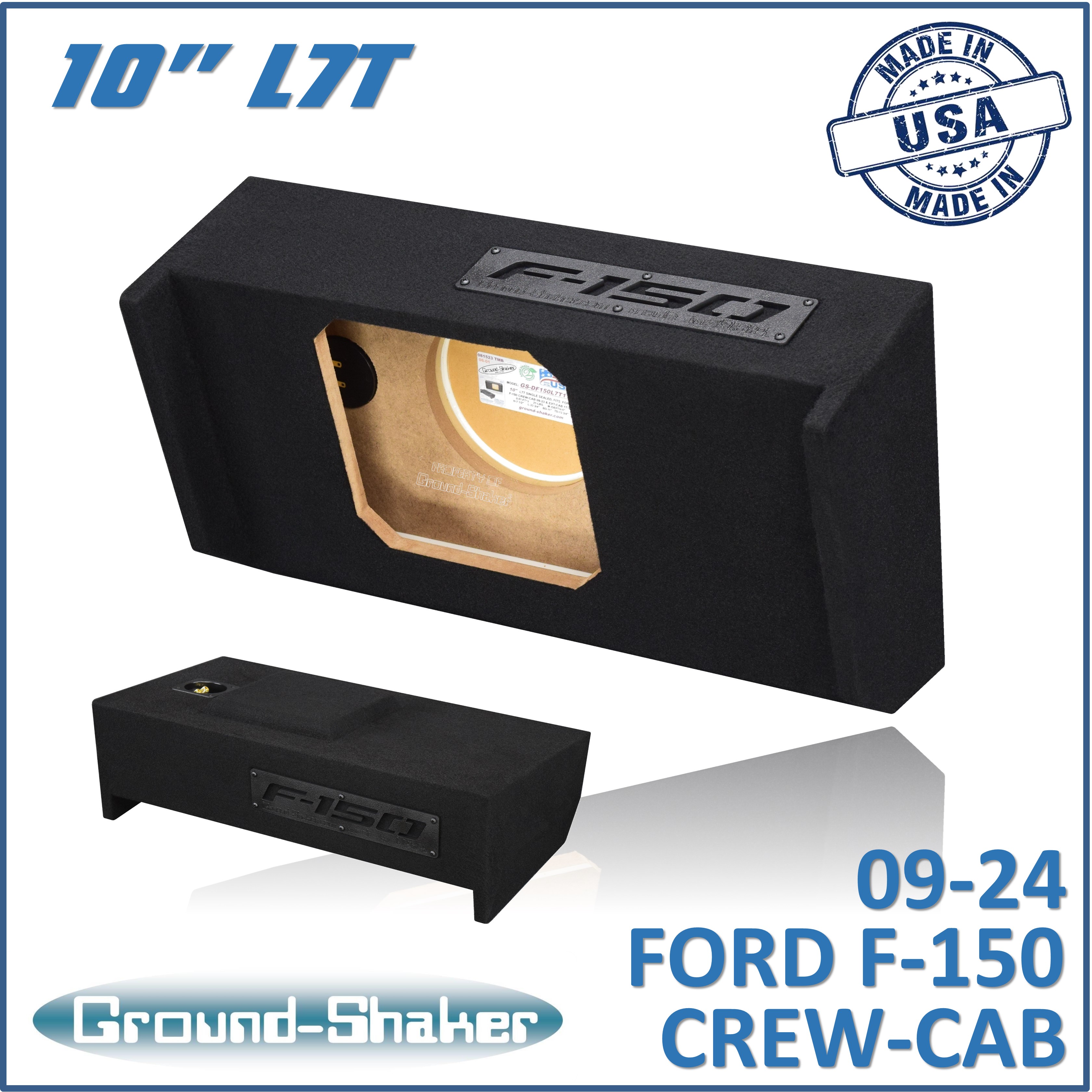 BLACK 10 SINGLE SEALED L7T SUB BOX, FITS 09-24 FORD F-150 CREW-CAB